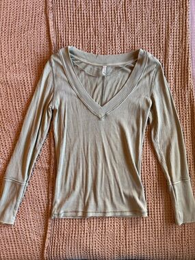 Free People Ribbed V-Neck Long Sleeve Top in Sage Green